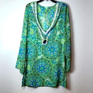 Jantzen Blue/Green Tunic Style Jeweled Swimsuit Cover-up